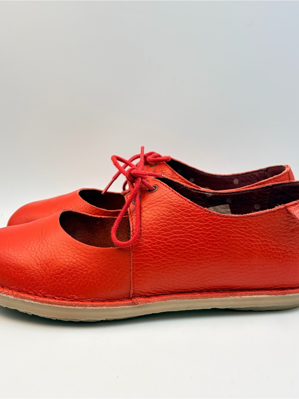 Gudrun Sjoden Red Pebbled Leather Lace-Up Mary Jane Flats EU37 US6.5 Lagenlook - Picture 3 of 11